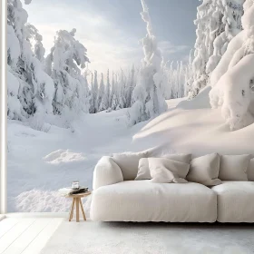 Snowy Trees Landscape with White Sofa