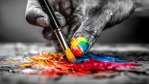 Grayscale Hand Touches Colorful Paint