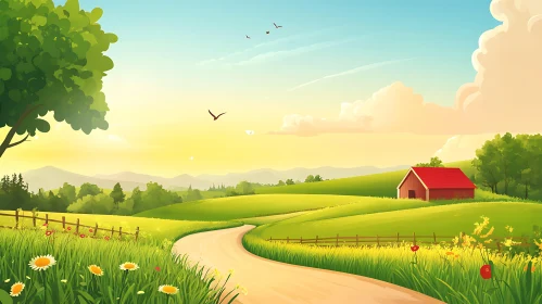 Scenic Green Fields and Red Barn Artwork