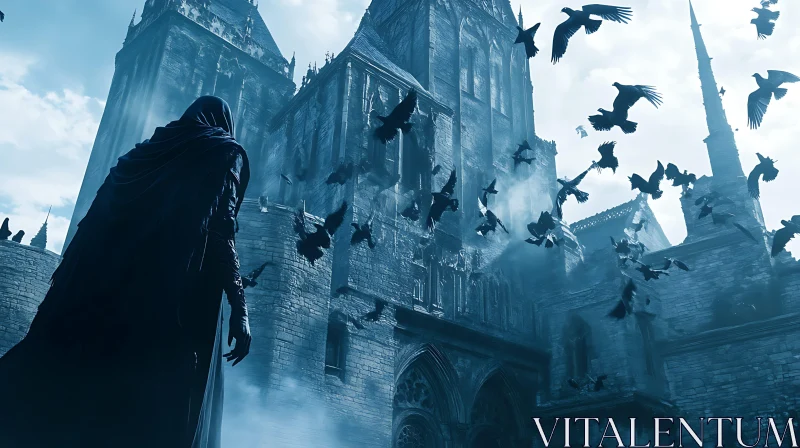 Ravens Flock Around Gothic Architecture AI Image