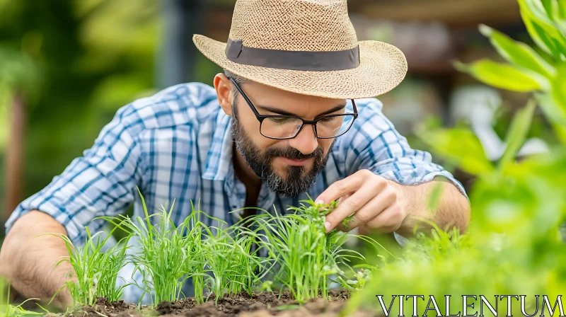 Man Cultivating Seedlings in Garden AI Image