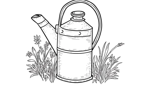 Monochrome Watering Can and Floral Illustration