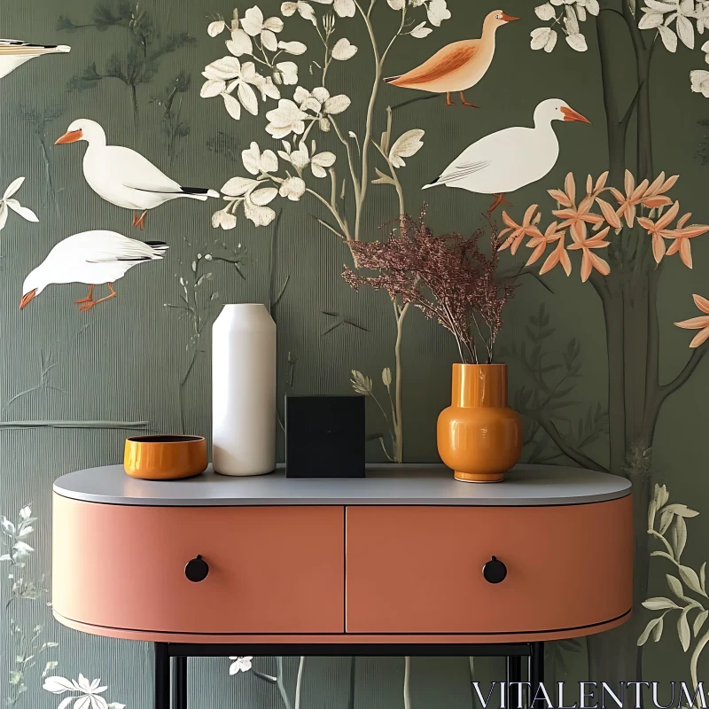 AI ART Stylish Console Table with Vases and Wallpaper