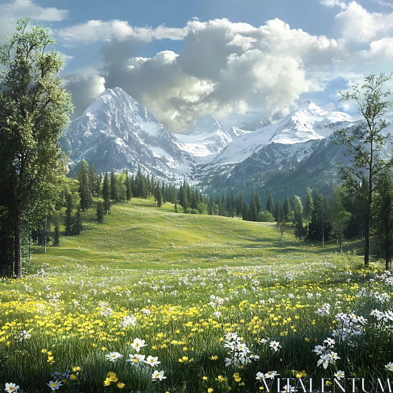 AI ART Scenic Mountain View with Wildflowers