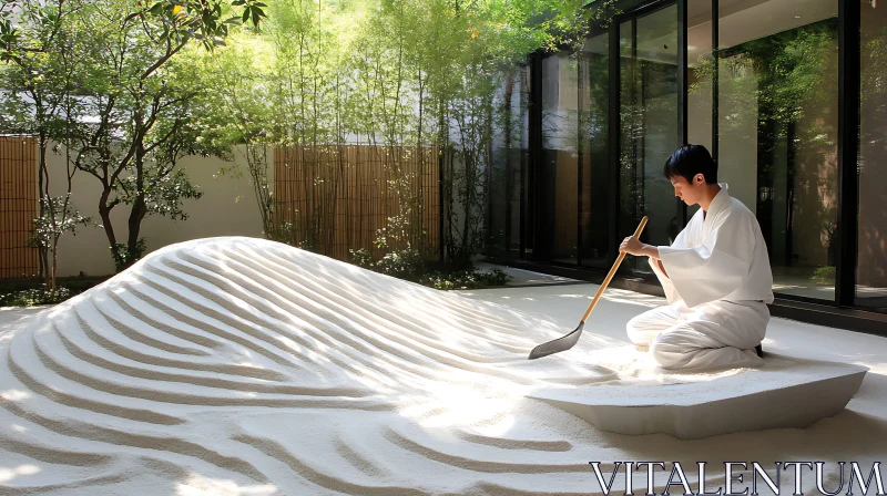 Tranquil Japanese Garden with Raked Sand AI Image