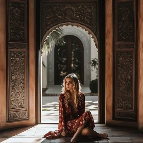 Woman Sitting in Ornate Doorway