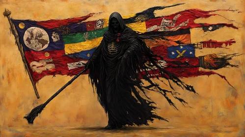 Shrouded Figure with Flags Art Piece