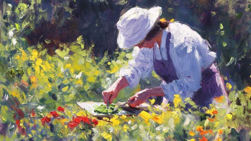 Floral Field Scene with Working Woman