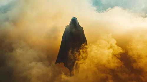 Mysterious Figure in Smoke-Filled Landscape