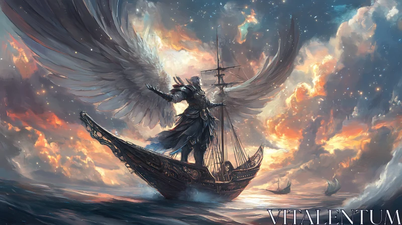 AI ART Winged Guardian on Ocean Vessel Painting