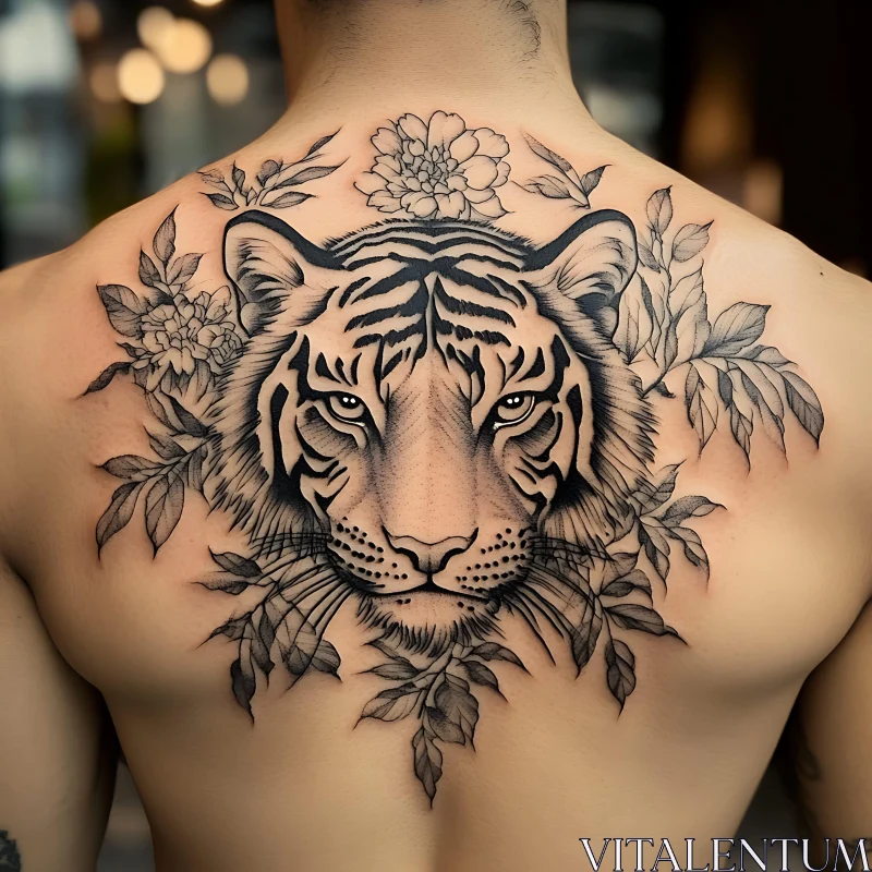 Tiger and Flowers - Back Tattoo AI Image