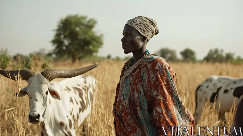 Pastoral Scene with Woman and Cattle AI Image