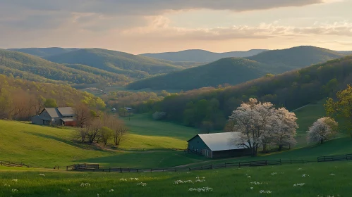 Scenic Landscape of Farm and Mountains
