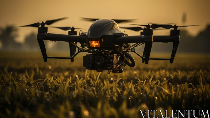 Black Drone Over Farm Field at Sunset - Aerial Photography AI Image
