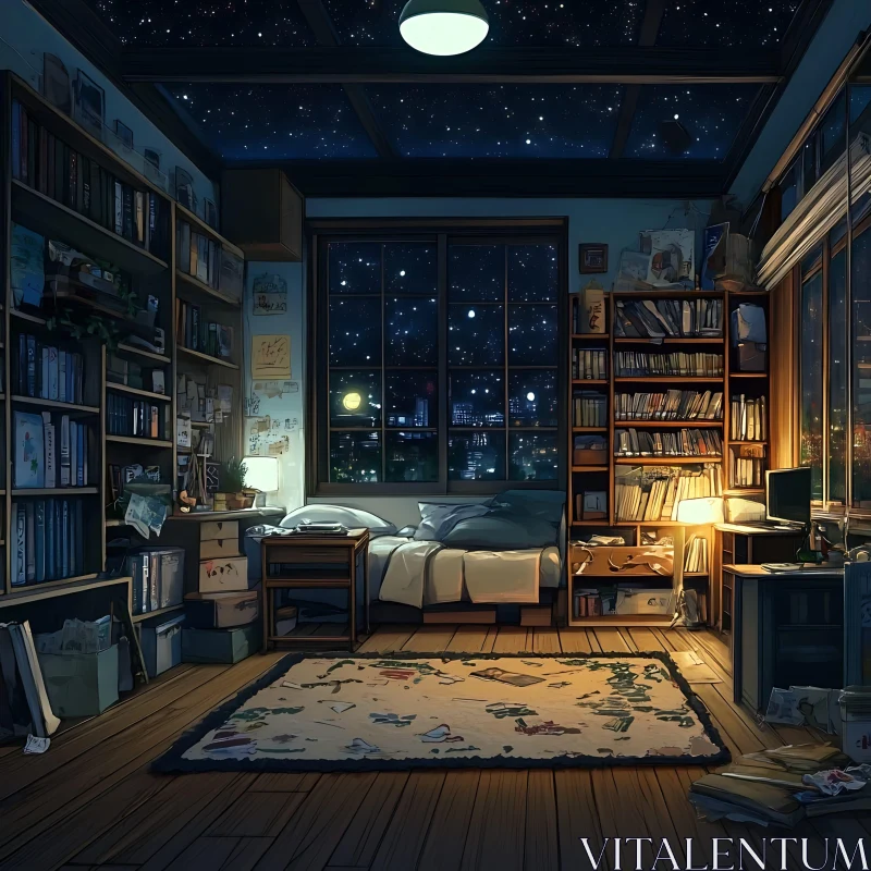 Cozy Room with Books and Night Sky AI Image