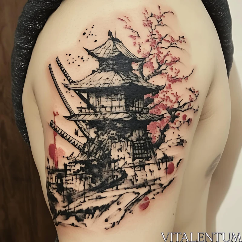 Japanese Pagoda Cherry Blossom Tattoo Art AI Image