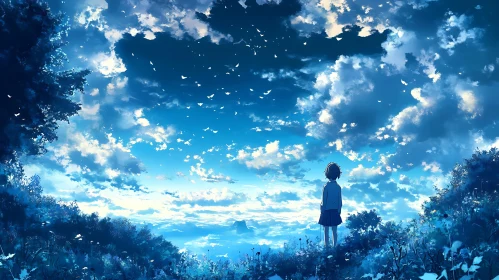 Girl Gazing at Cloudy Blue Sky