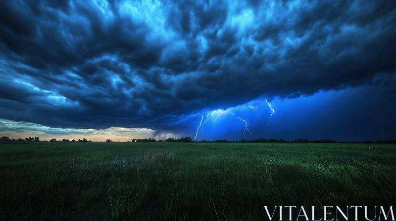 Lightning Strikes Over Green Field AI Image