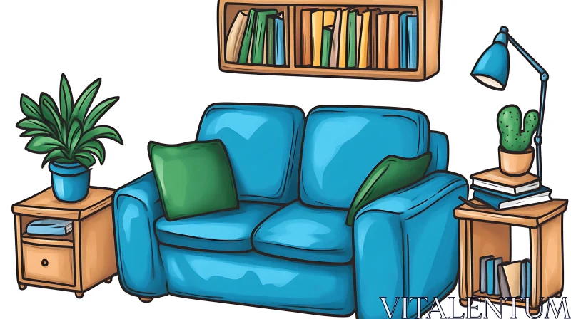 AI ART Cozy Cartoon Living Room with Blue Furniture