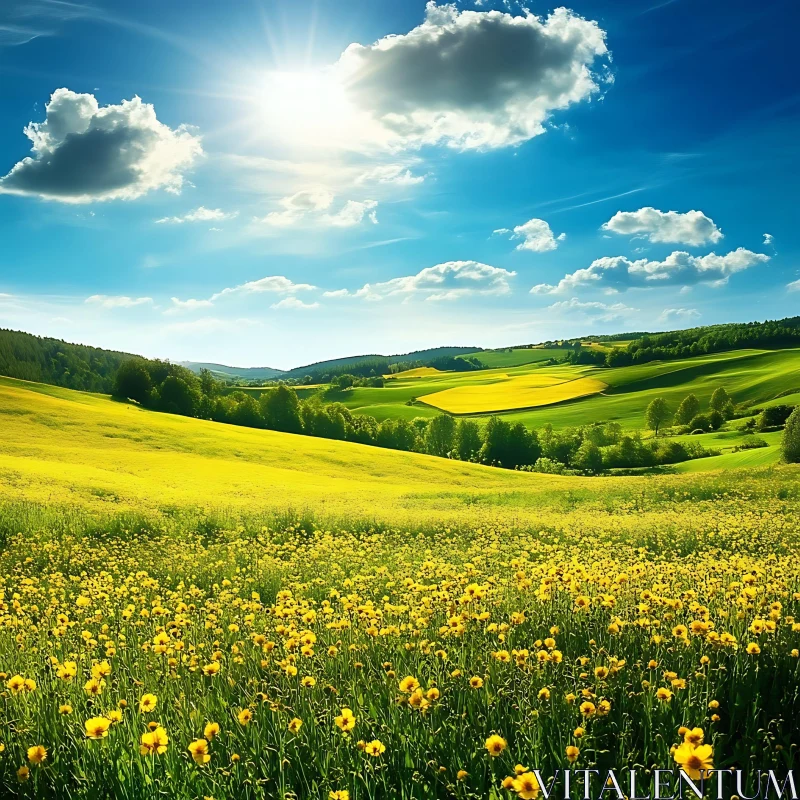 Yellow Flower Meadow with Green Hills AI Image