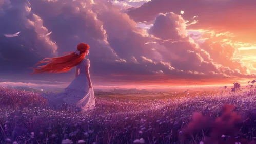 Dreamy Sunset Scene with Woman and Flowers