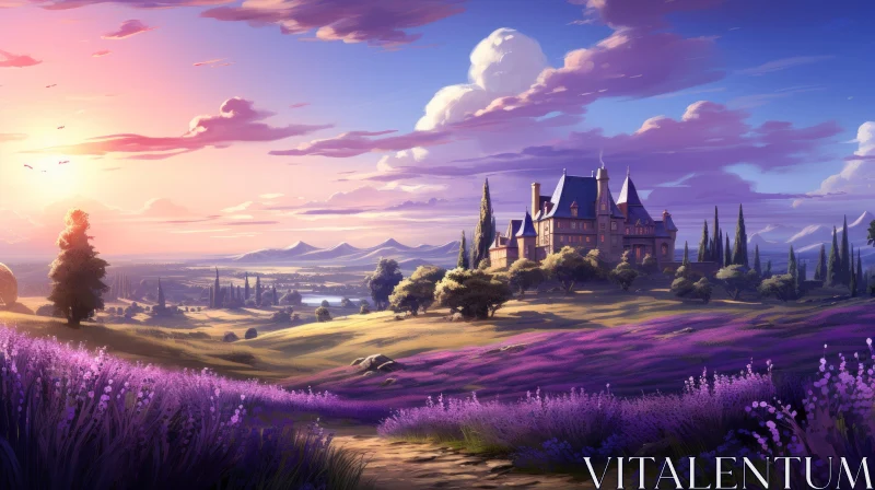 Romantic Landscape Vistas: Speedpainting of Castle Amidst Lavender AI Image