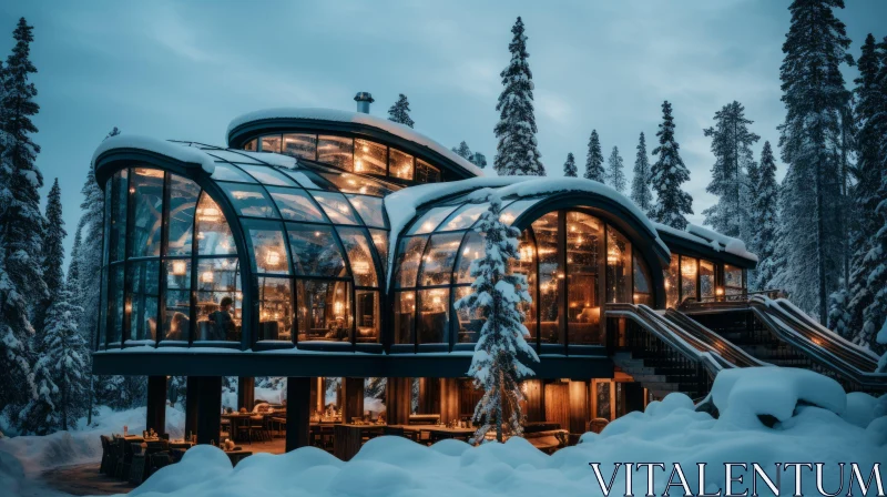 Winter Wonderland: A Glass House Surrounded by Snow and Trees AI Image