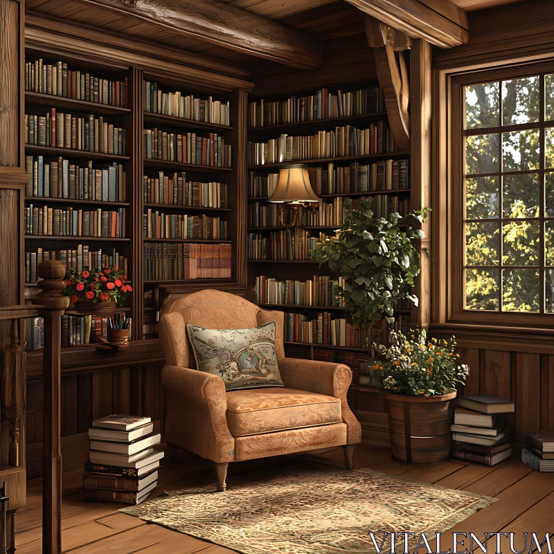 AI ART Cozy Library Interior with Armchair