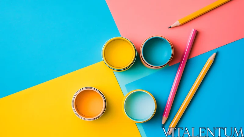 Abstract Still Life with Pencils and Colorful Containers AI Image