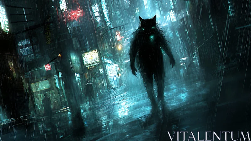 Rainy Cyberpunk Cityscape with Feline Figure AI Image