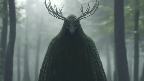 Moss Cloaked Figure in Misty Woods