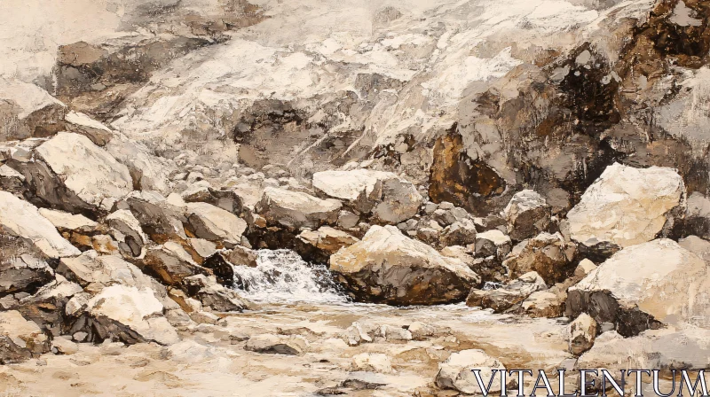 AI ART Flowing Stream Amongst Rocky Terrain