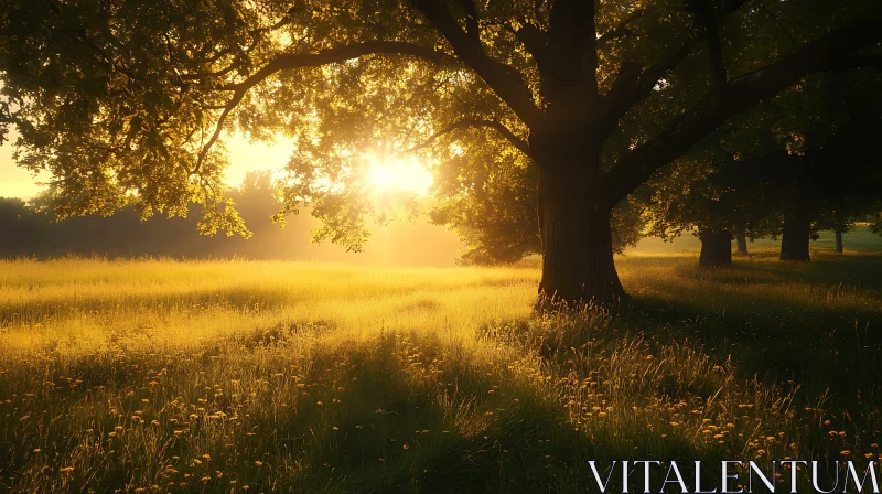 AI ART Sunlit Meadow with Tree