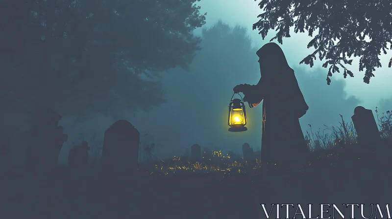 AI ART Mysterious Figure in Foggy Cemetery at Night