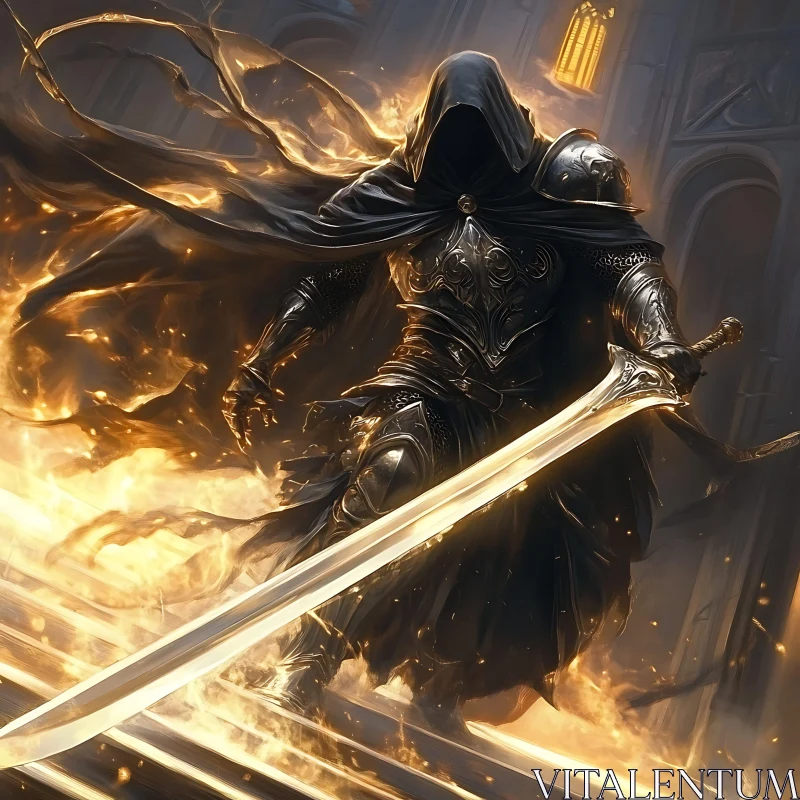 AI ART Hooded Warrior in Flames with Sword