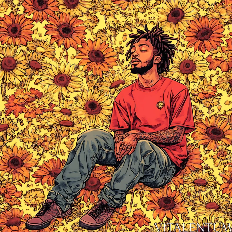 Man Meditating in a Sea of Sunflowers AI Image