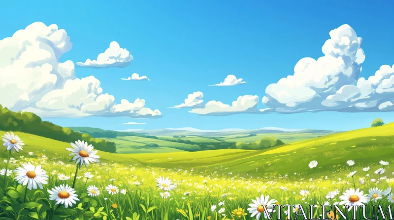 Lush Green Meadow with Daisies and Clouds AI Image