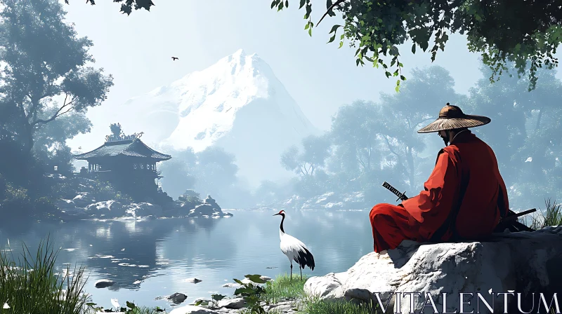 Serene Lake Scene with Seated Figure AI Image