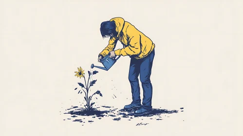 Person with yellow hoodie takes care of a flower
