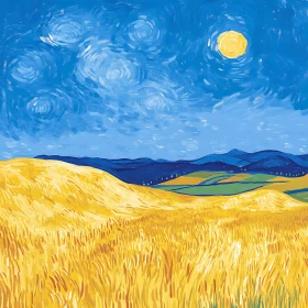 Landscape Painting with Golden Field and Blue Sky