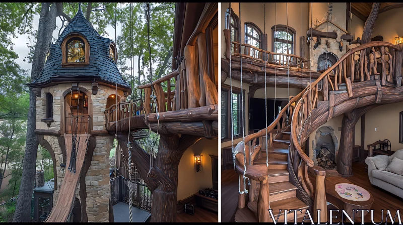 AI ART Whimsical Wooden Treehouse with Cozy Interior