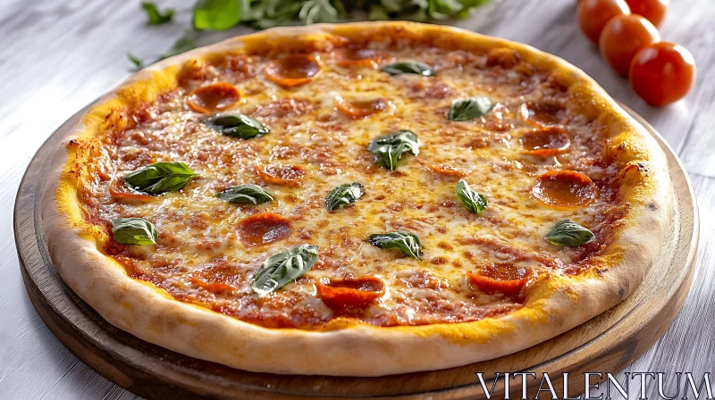 Delicious Pepperoni Pizza Topped with Basil Leaves AI Image