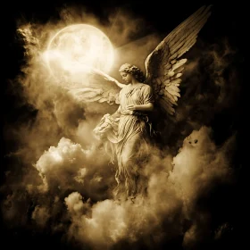 Sepia Angel with Moon and Clouds