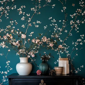 Blossoms in Vases on Teal Floral Wall