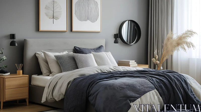 AI ART Minimalist Bedroom with Grey Color Palette