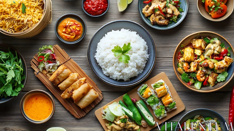 Variety of Asian Cuisine with Rice and Appetizers AI Image