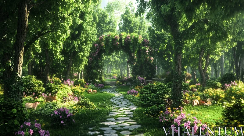 AI ART Sunlit Forest Glade with Floral Arch