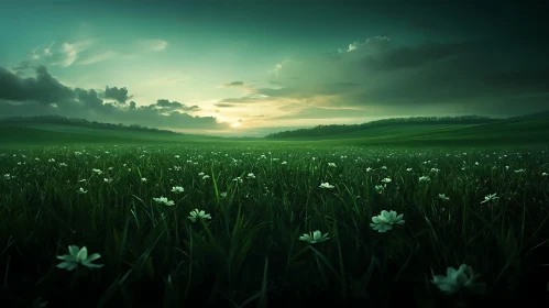 Meadow of White Flowers in Green Field