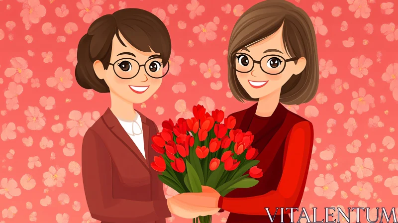 AI ART Cartoon Portrait: Two Women Sharing Flowers