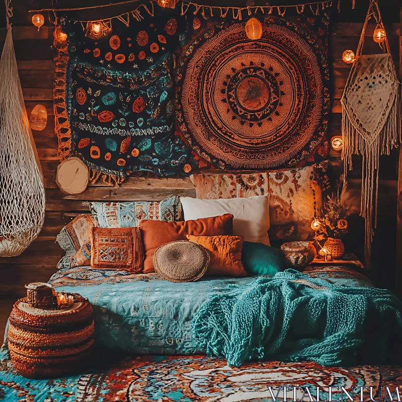 Cozy Bohemian Bedroom with Textiles AI Image